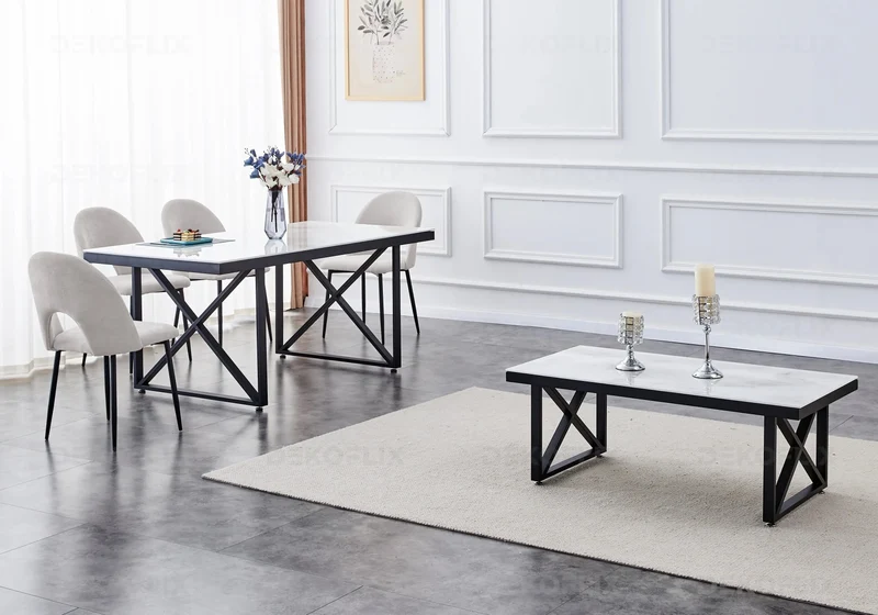 Table noire marbre blanc et chaises grises - Clara