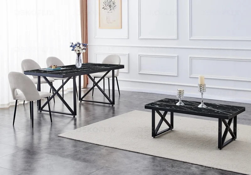 Table marbre noir et chaises grises - Clara