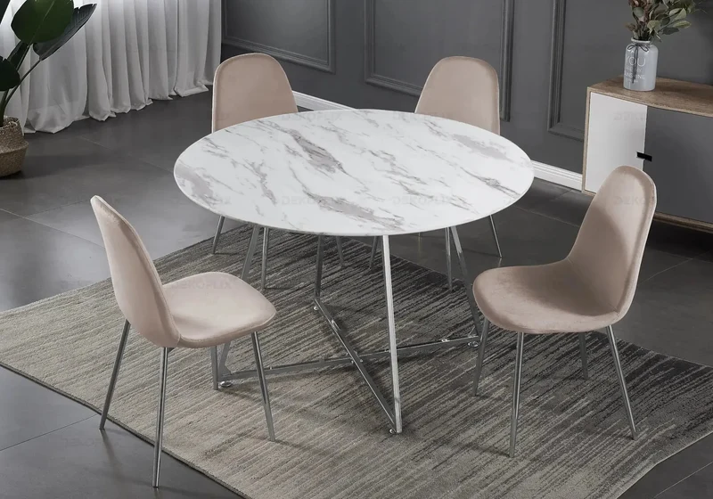 Table ronde marbre et 4 chaises argent - Gina