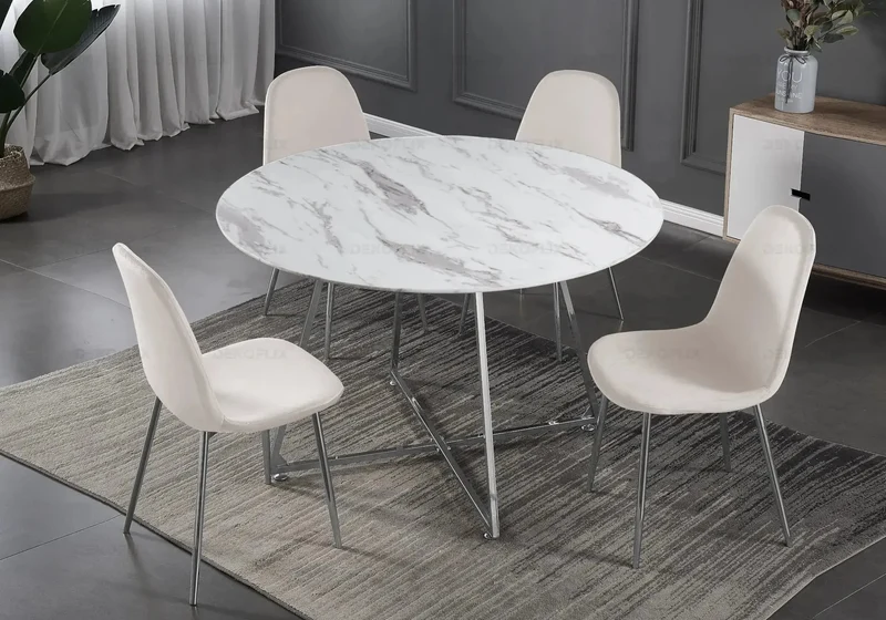 Table ronde marbre et 4 chaises argent - Gina