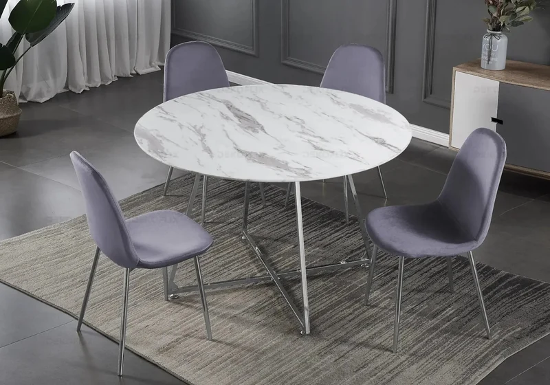 Table ronde marbre et 4 chaises argent - Gina