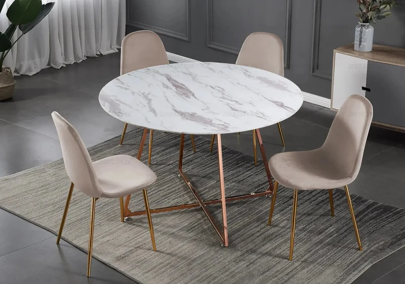Table ronde marbre et 4 chaises or rose - Gina