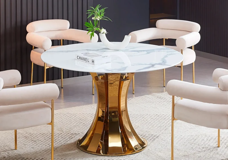 Table à manger dorée céramique marbre blanc - Sidy