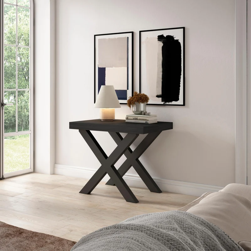 Table console extensible noire 180 cm – Jusqu’à 8 personnes – Pieds en bois massif noirs en croix