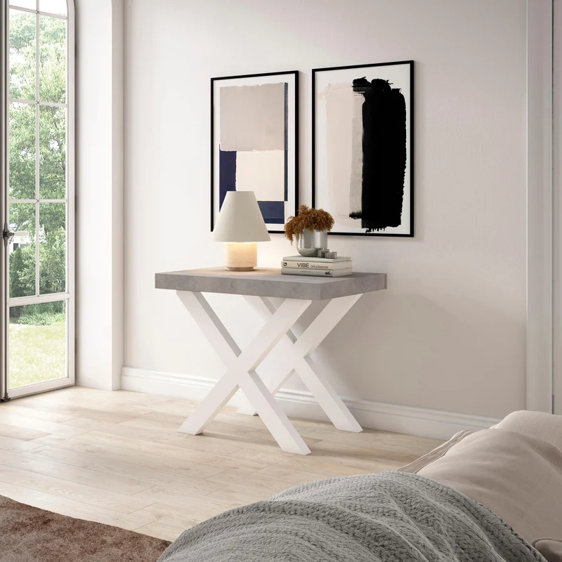 Table console extensible blanche & ciment 180 cm – Jusqu’à 8 personnes – Pieds en bois massif blancs en croix