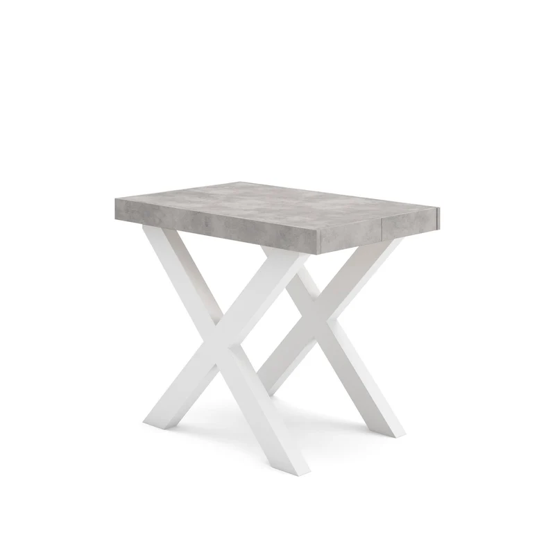 Table console extensible blanche & ciment 180 cm – Jusqu’à 8 personnes – Pieds en bois massif blancs en croix