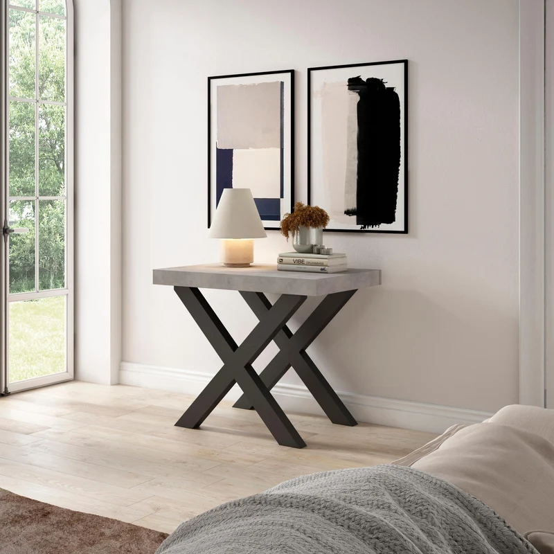 Table console extensible blanche & ciment 180 cm – Jusqu’à 8 personnes – Pieds en bois massif noirs en croix