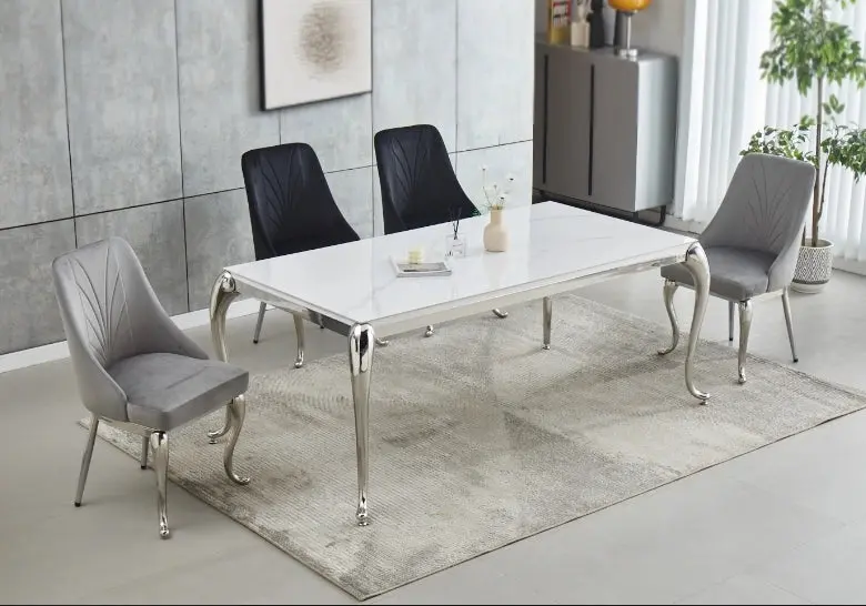 Ensemble table chaise dorée céramique marbre blanc - Sofie