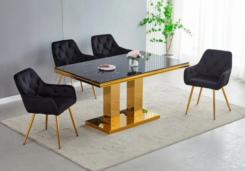 Ensemble table chaise dorée marbre beige - Versus