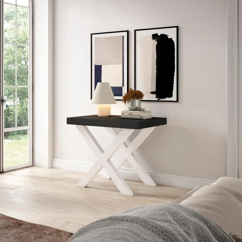 Table console extensible noire & blanche 180 cm – Jusqu’à 8 personnes – Pieds en bois massif blancs en X