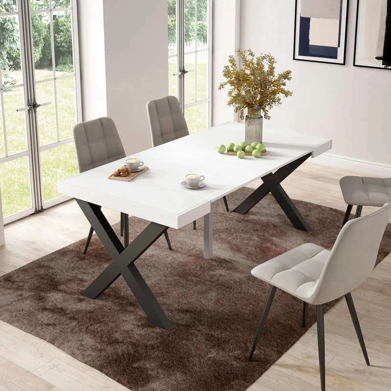 Table console extensible blanche 180 cm – Jusqu’à 8 personnes – Pieds en bois massif noirs en croix