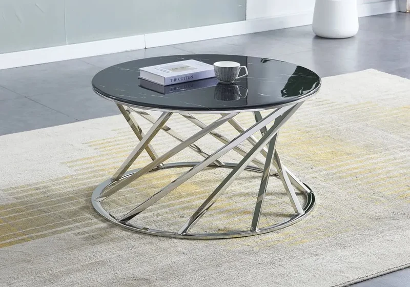 Table basse ronde argent marbre beige - Elga