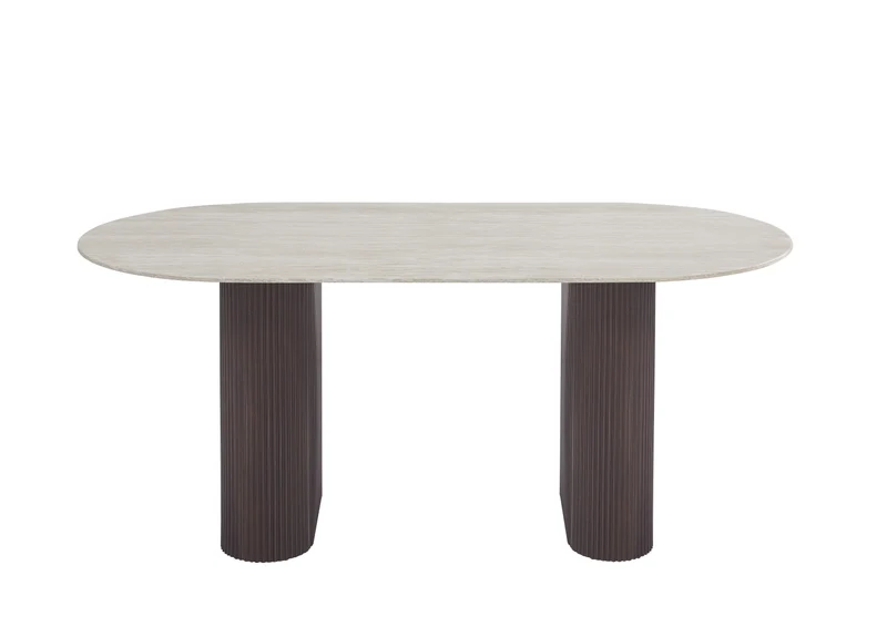 Table à manger ROXY plateau céramique brillant effet travertin pieds noyer
