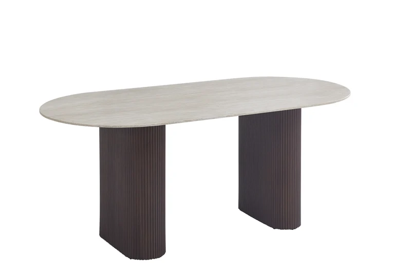 Table à manger ROXY plateau céramique brillant effet travertin pieds noyer