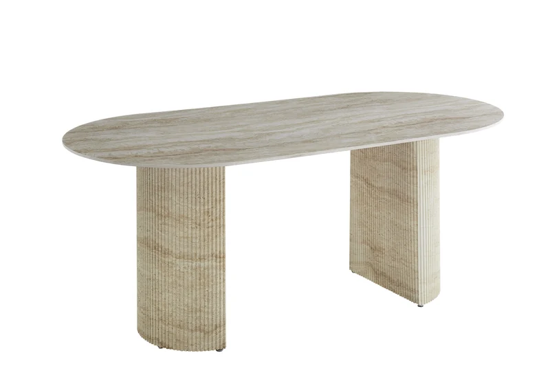 Table à manger ANNA plateau céramique brillant effet travertin