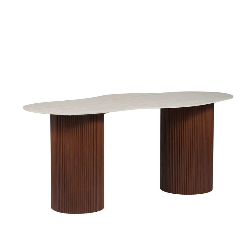 Table à manger NIKI plateau céramique effet travertin pieds noyer