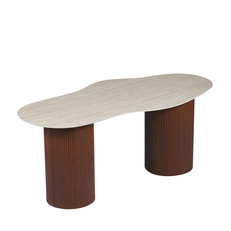 Table à manger NIKI plateau céramique effet travertin pieds noyer