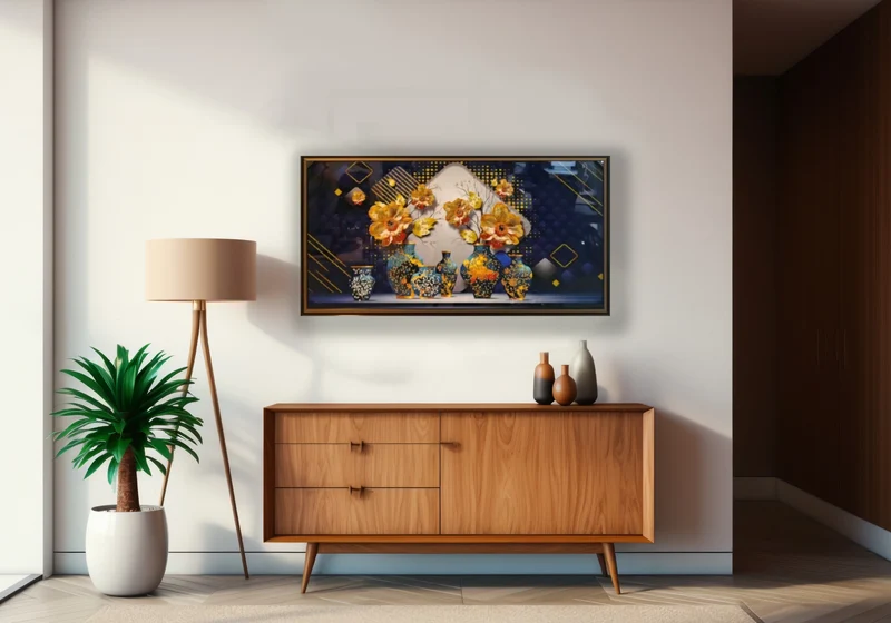 Tableau mural fleurs bleues perles dorées - Velora