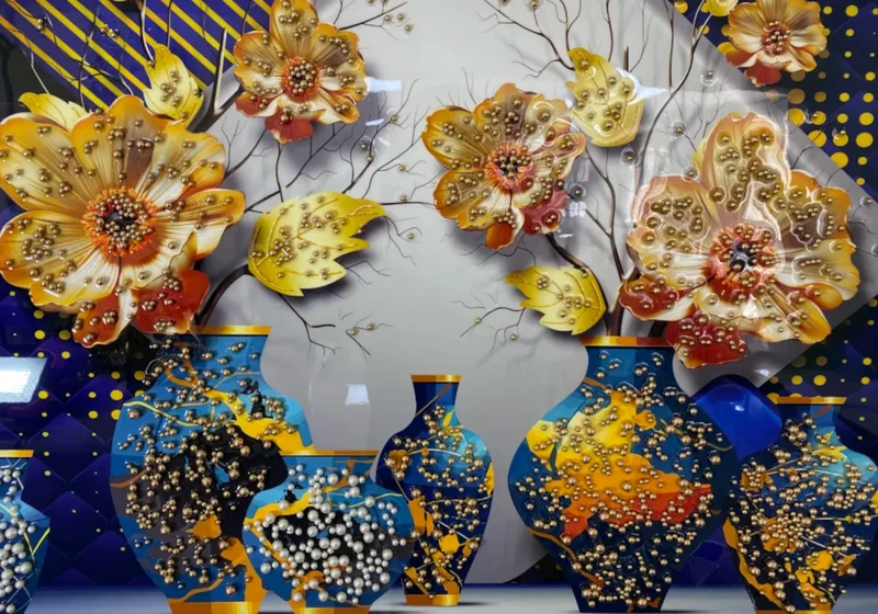 Tableau mural fleurs bleues perles dorées - Velora
