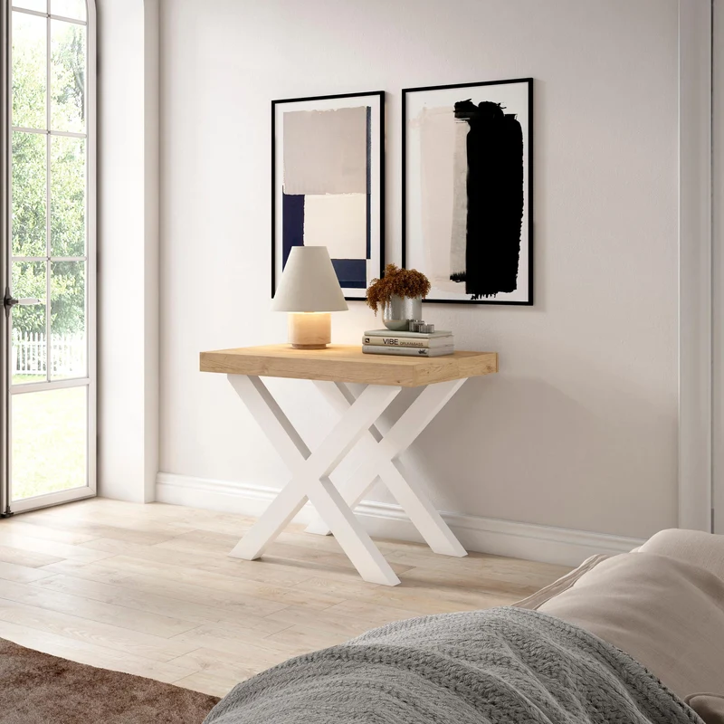 Table console extensible blanche & chêne 260 cm – Jusqu’à 12 personnes – Pieds en bois massif blancs en croix