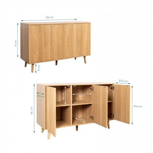 Buffet en chêne Alba 120 cm avec portes cannelées Rocco
