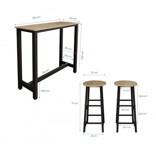 Table haute avec 2 tabourets noires & chêne clair - 120 X 100 cm - Anivia