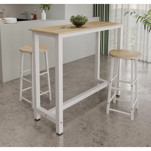 Table haute avec 2 tabourets blancs & chêne clair - 120 X 100 cm - Anivia