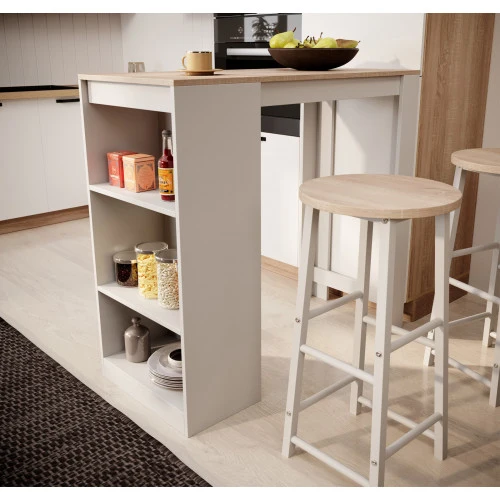 Table haute avec 2 tabourets blancs & chêne clair - 110 cm - Kala