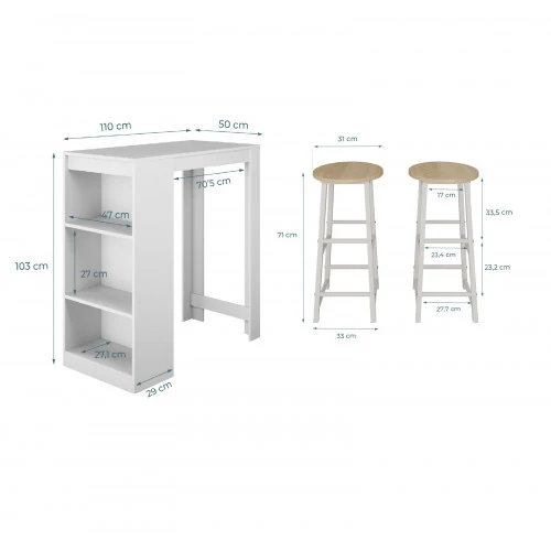 Table haute avec 2 tabourets blancs - 110 cm - Kala