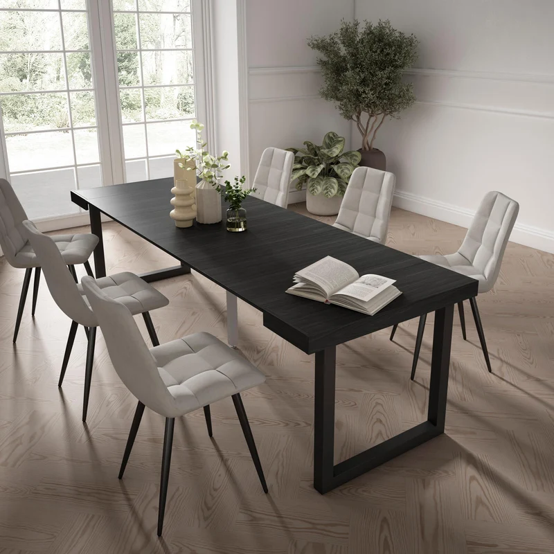 Table console extensible noire 260 cm – Jusqu’à 12 personnes – Pieds en bois massif noirs en U