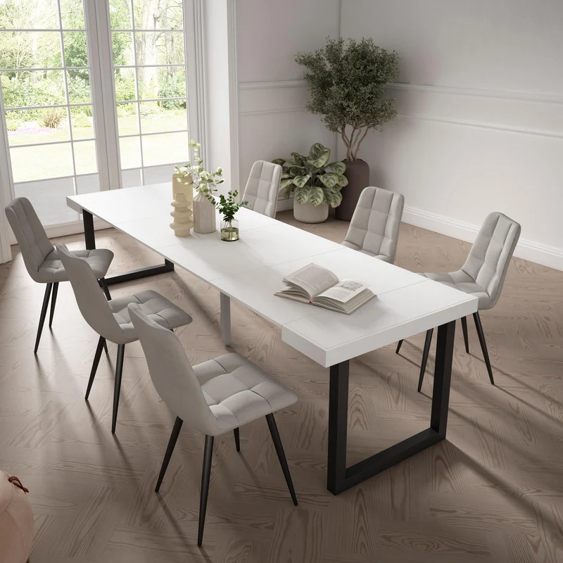 Table console extensible blanche 300 cm – Jusqu’à 14 personnes – Pieds en bois massif noirs en U