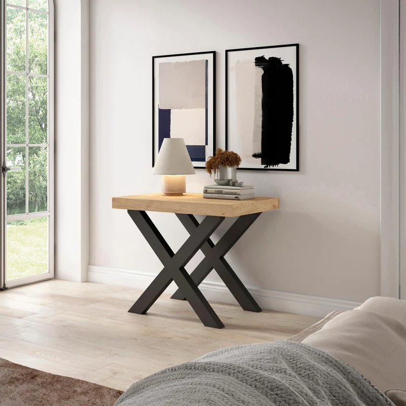Table console extensible noire & chêne 300 cm – Jusqu’à 14 personnes – Pieds en bois massif noirs en croix
