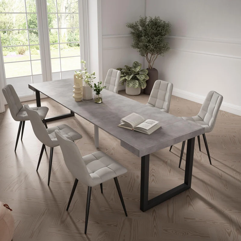 Table console extensible ciment 300 cm – Jusqu’à 14 personnes – Pieds en bois massif noirs en U