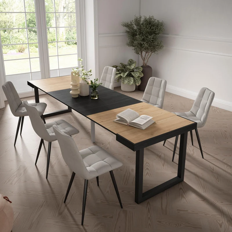 Table console extensible noire & chêne 300 cm – Jusqu’à 14 personnes – Pieds en bois massif noirs en U