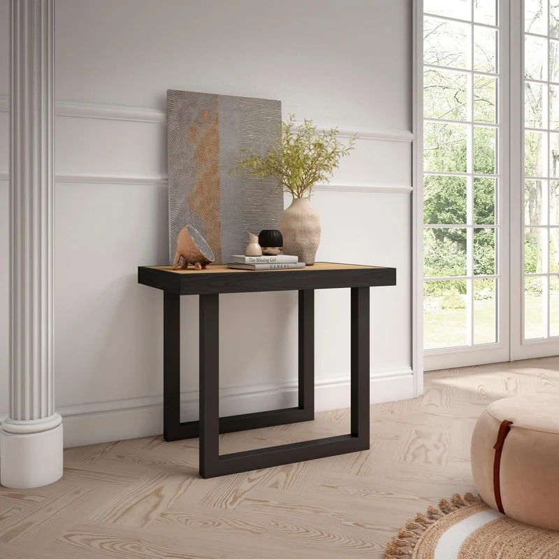 Table console extensible noire & chêne 300 cm – Jusqu’à 14 personnes – Pieds en bois massif noirs en U