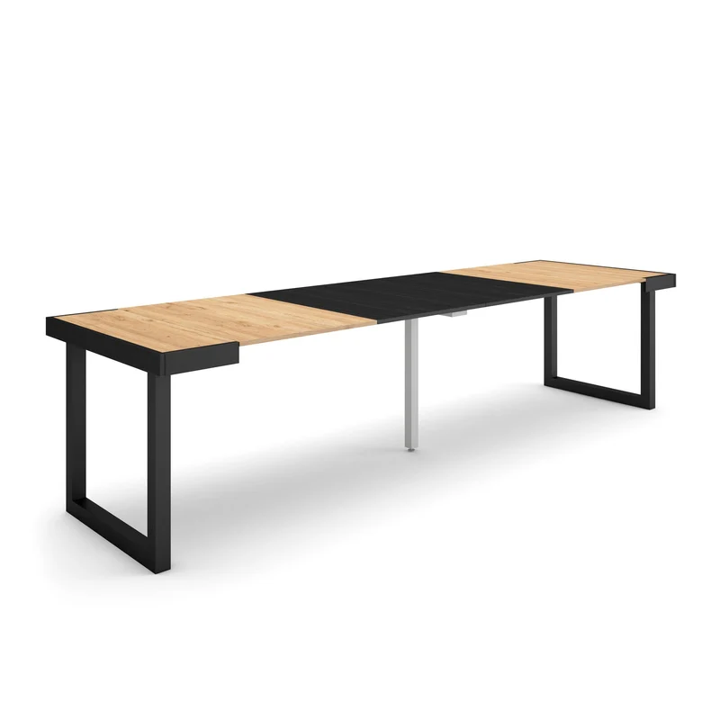 Table console extensible noire & chêne 300 cm – Jusqu’à 14 personnes – Pieds en bois massif noirs en U