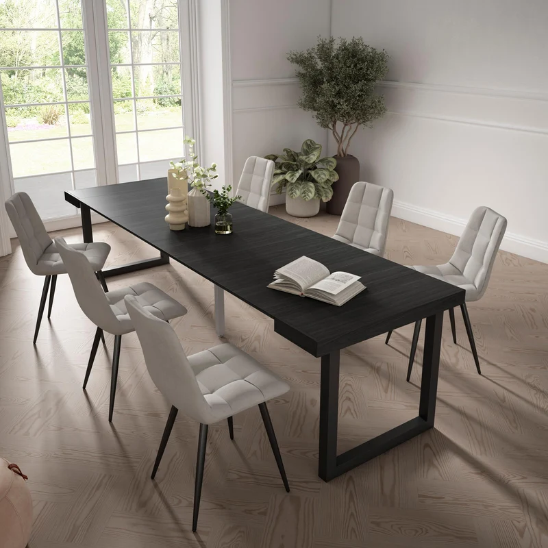 Table console extensible noire 300 cm – Jusqu’à 14 personnes – Pieds en bois massif noirs en U