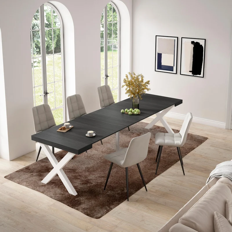 Table console extensible noire 300 cm – Jusqu’à 14 personnes – Pieds en bois massif blancs en croix