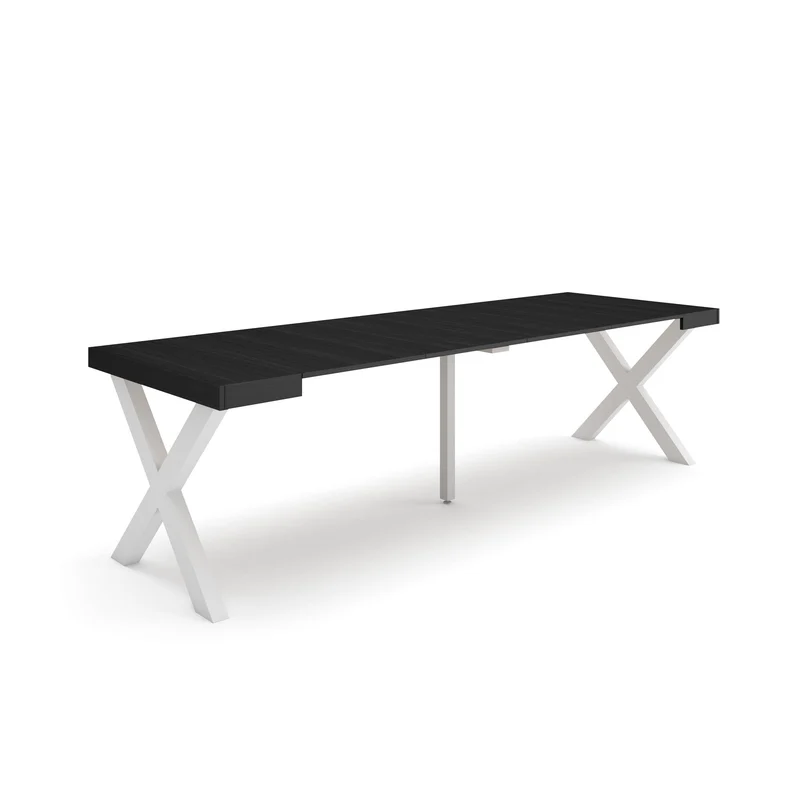 Table console extensible noire 260 cm – Jusqu’à 12 personnes – Pieds en bois massif blancs en croix