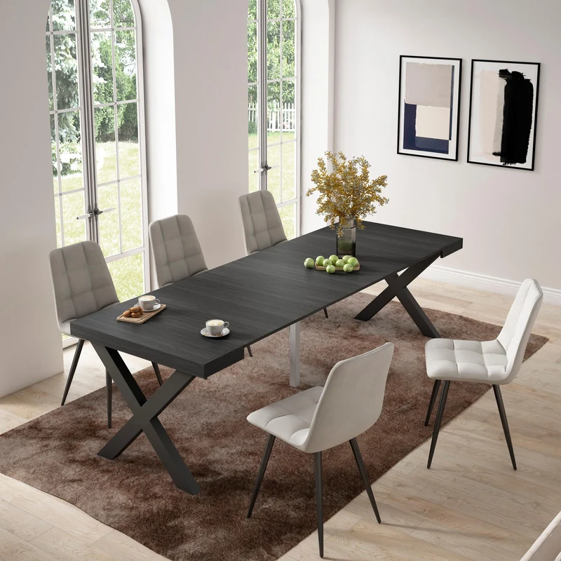 Table console extensible noire 260 cm – Jusqu’à 12 personnes – Pieds en bois massif noirs en croix