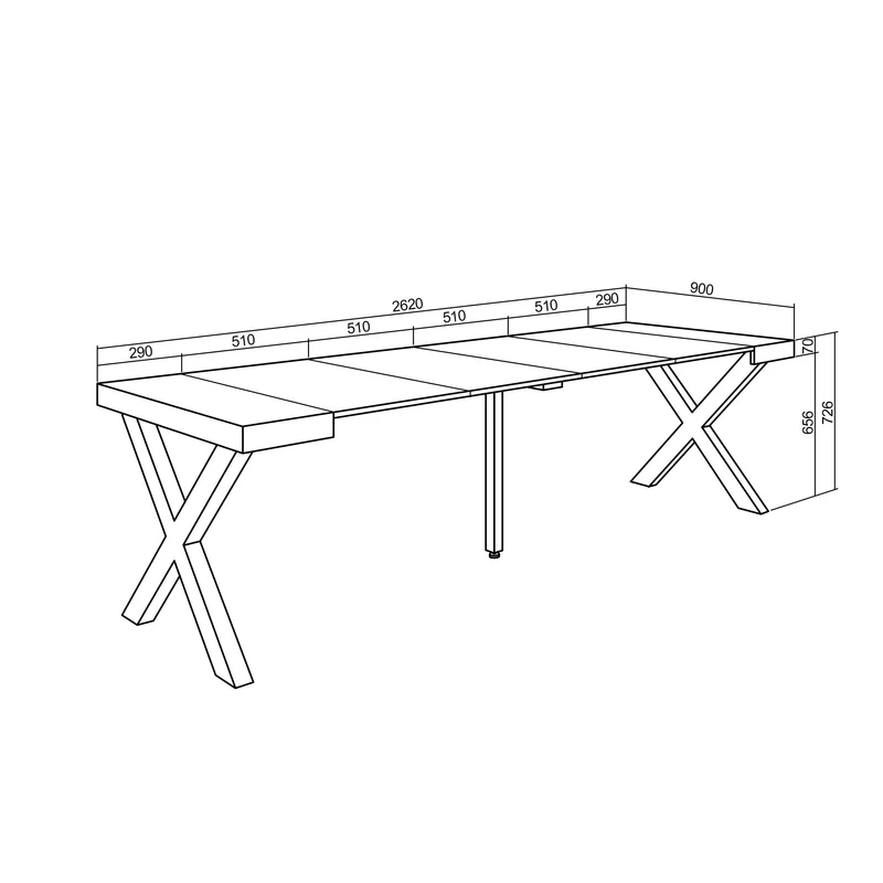 Table console extensible noire 260 cm – Jusqu’à 12 personnes – Pieds en bois massif noirs en croix