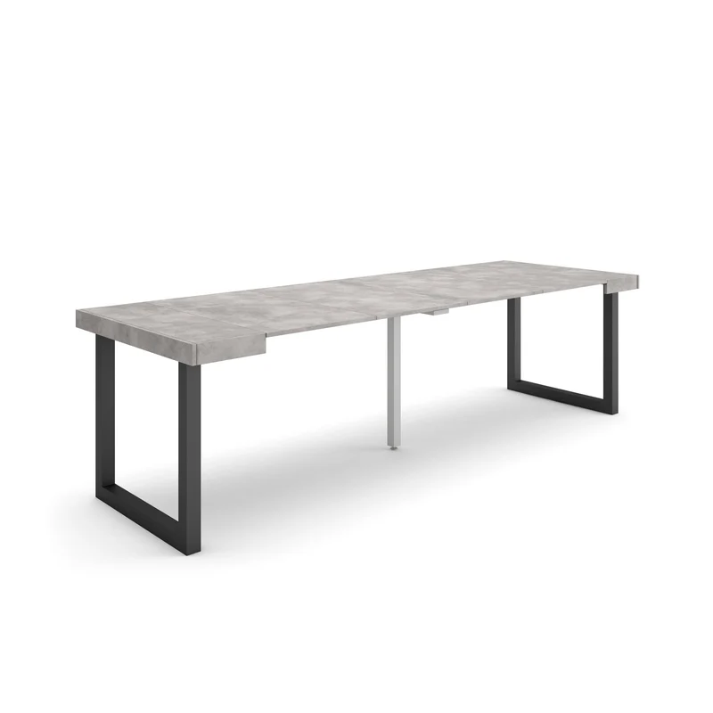 Table console extensible ciment 260 cm – Jusqu’à 12 personnes – Pieds en bois massif noirs en U