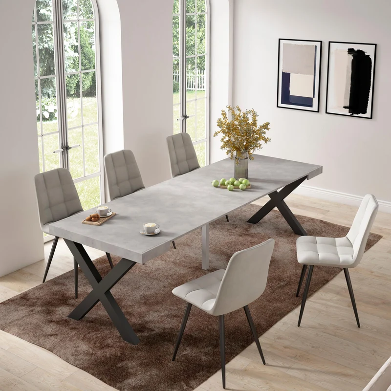 Table console extensible ciment 260 cm – Jusqu’à 12 personnes – Pieds en bois massif noirs en croix