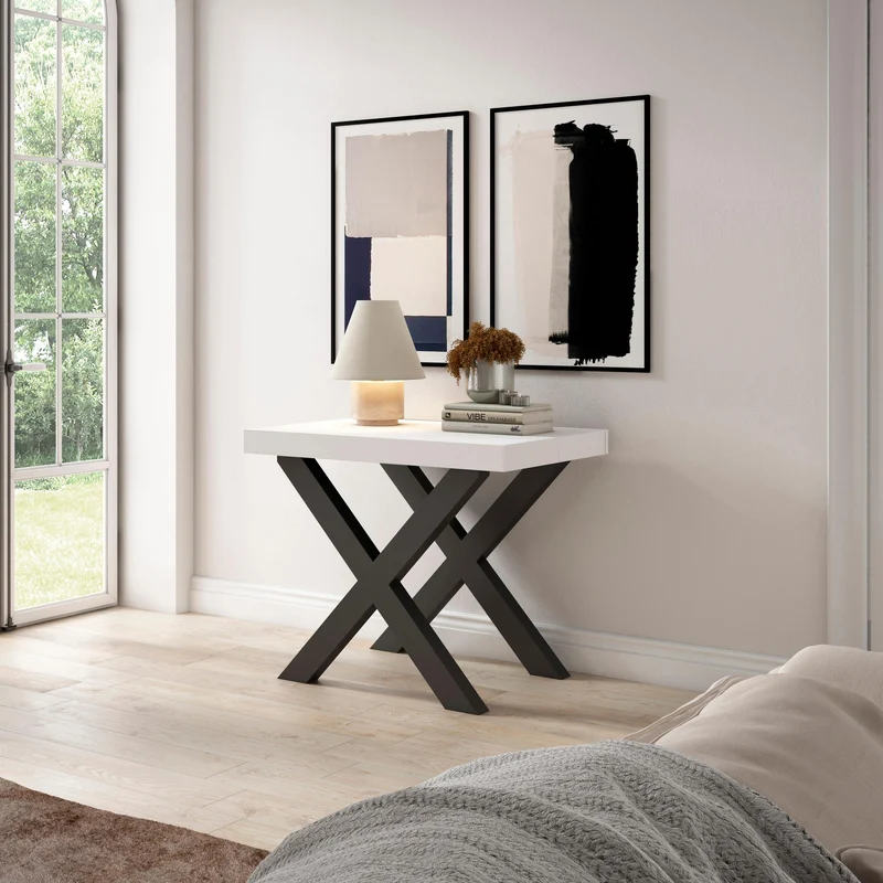 Table console extensible blanche 260 cm – Jusqu’à 12 personnes – Pieds en bois massif noirs en croix