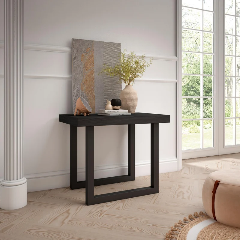 Table console extensible noire 180 cm – Jusqu’à 8 personnes – Pieds en bois massif noirs en U