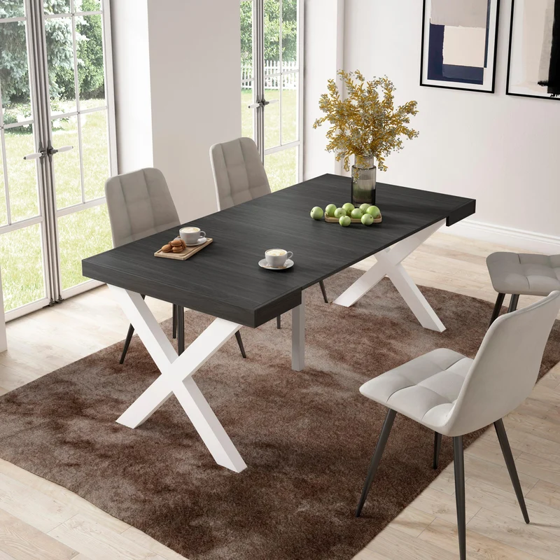Table console extensible noire 180 cm – Jusqu’à 8 personnes – Pieds en bois massif blancs en croix