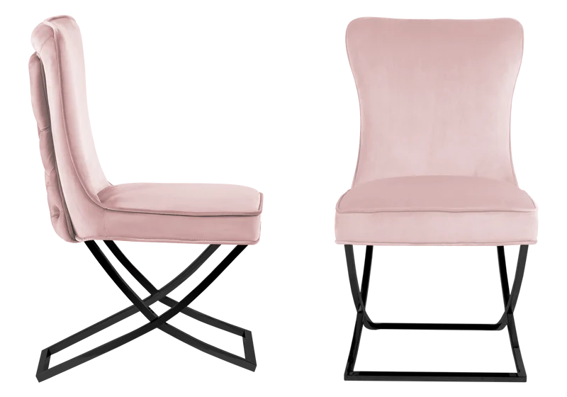 Chaise capitonnée pied croisé noir rose poudré - Enzo x2