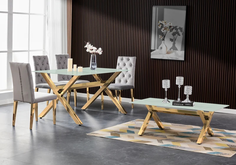 Table basse verre trempé pieds X dorés - Cross