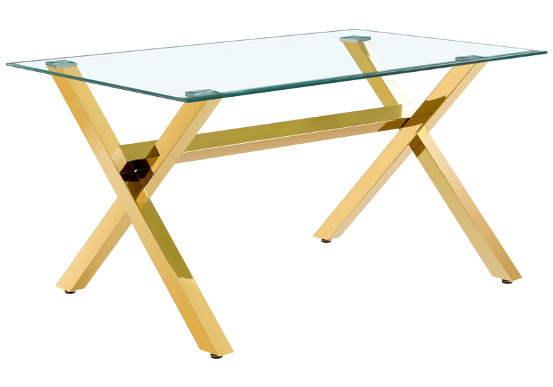 Table verre trempé et 4 chaises X dorées - Cross
