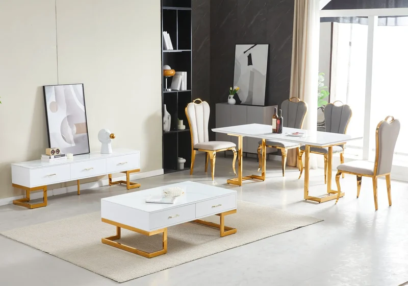 Table à manger dorée céramique marbre blanc - Odel
